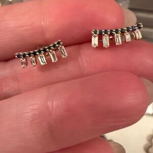 14K Gold Diamond Baguette and Blue Sapphire Earrings or Ear Climbers